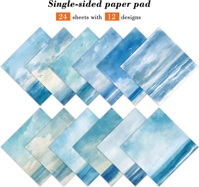 EAMOTOL Blue Sea Scrapbooking Paper Pad - 24 Sheets 6-inch Aesthetic Patterned Decorative Collage Decoupage for Wrapping Folded Cardstock Supplies Gift Cardstock DIY Crafts Scrapbook Photo Album - Image 2